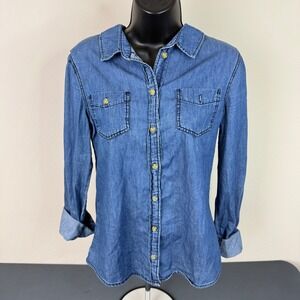 Scarlet Boulevard Denim Shirt Womens Medium Blue Button Up Long Sleeve Cotton